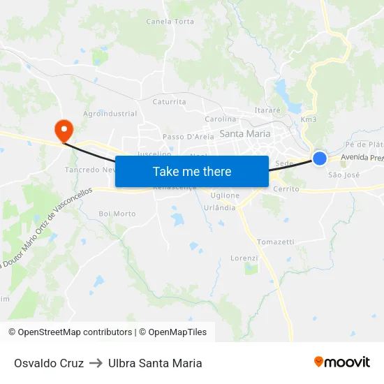 Osvaldo Cruz to Ulbra Santa Maria map