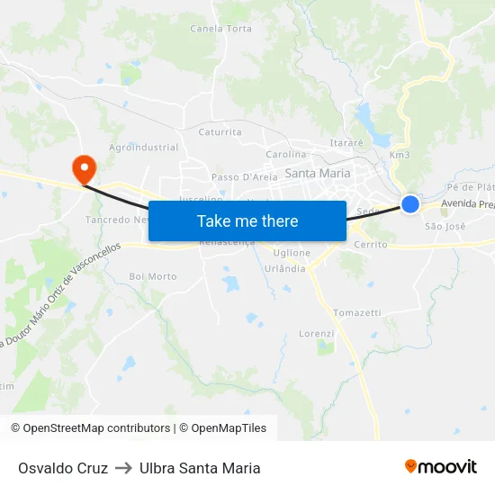 Osvaldo Cruz to Ulbra Santa Maria map