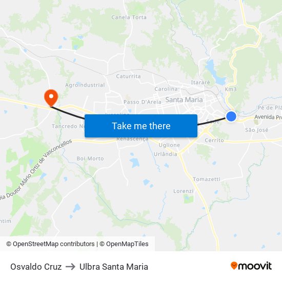 Osvaldo Cruz to Ulbra Santa Maria map