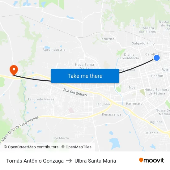 Tomás Antônio Gonzaga to Ulbra Santa Maria map