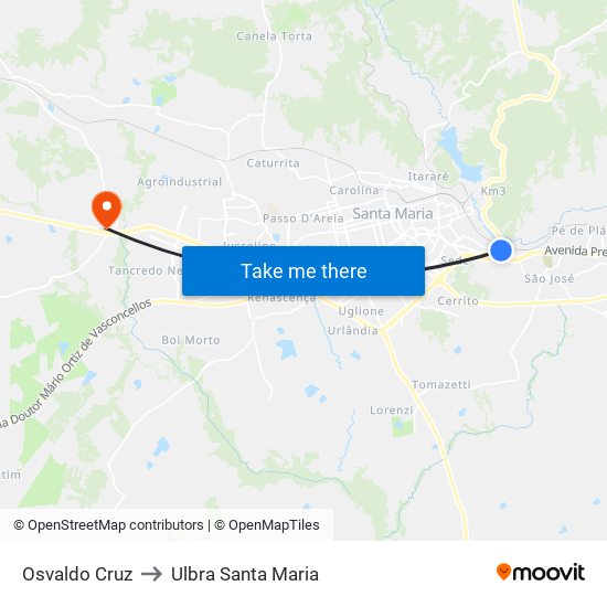 Osvaldo Cruz to Ulbra Santa Maria map