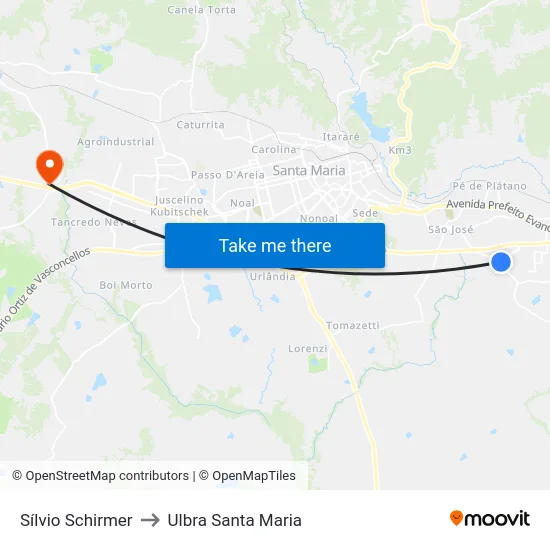 Sílvio Schirmer to Ulbra Santa Maria map