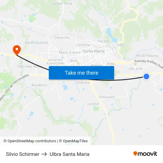 Silvio Schirmer to Ulbra Santa Maria map