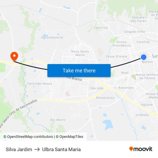 Silva Jardim to Ulbra Santa Maria map