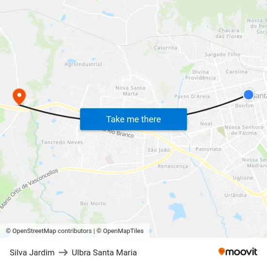 Silva Jardim to Ulbra Santa Maria map