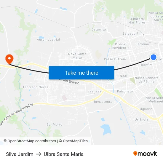 Silva Jardim to Ulbra Santa Maria map