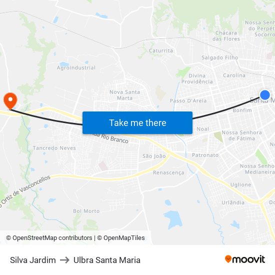 Silva Jardim to Ulbra Santa Maria map