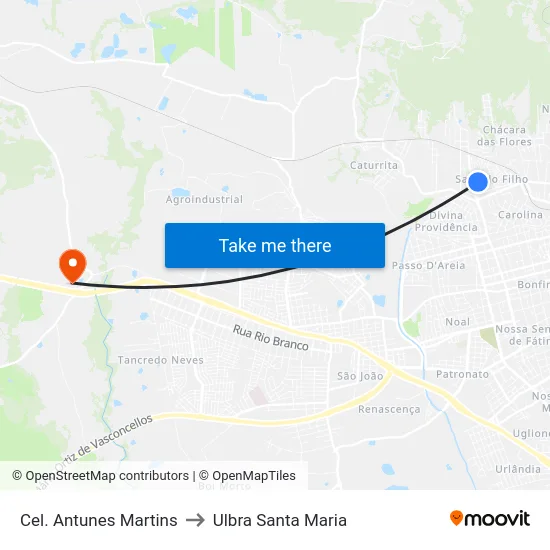 Cel. Antunes Martins to Ulbra Santa Maria map