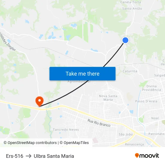 Ers-516 to Ulbra Santa Maria map