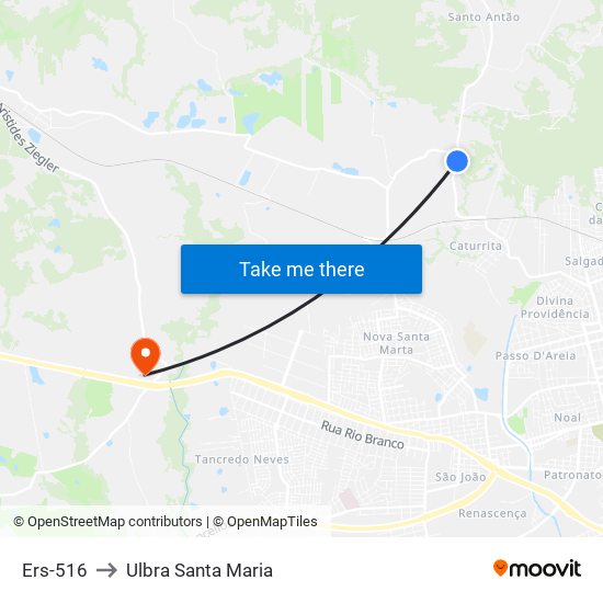 Ers-516 to Ulbra Santa Maria map