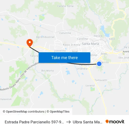 Estrada Padre Parcianello 597-913 to Ulbra Santa Maria map