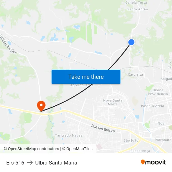 Ers-516 to Ulbra Santa Maria map