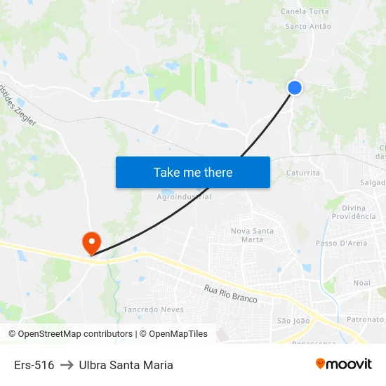 Ers-516 to Ulbra Santa Maria map