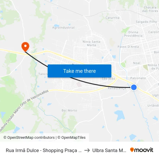 Rua Irmã Dulce - Shopping Praça Nova to Ulbra Santa Maria map