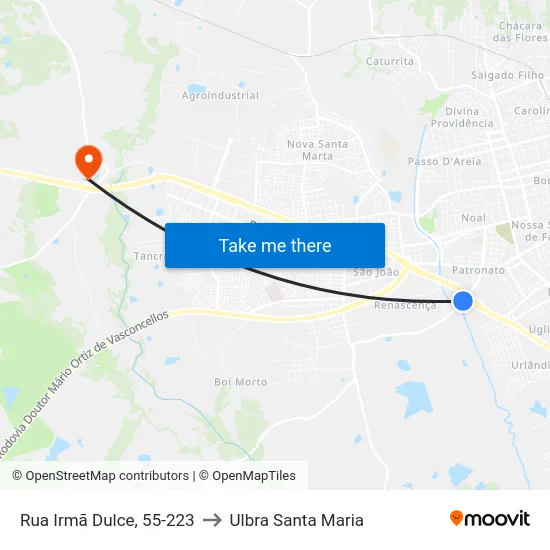 Rua Irmã Dulce, 55-223 to Ulbra Santa Maria map