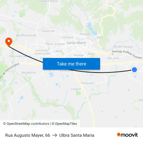 Rua Augusto Mayer, 66 to Ulbra Santa Maria map