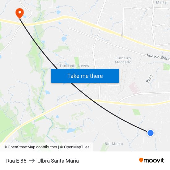 Rua E 85 to Ulbra Santa Maria map