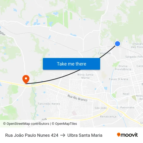 Rua João Paulo Nunes 424 to Ulbra Santa Maria map