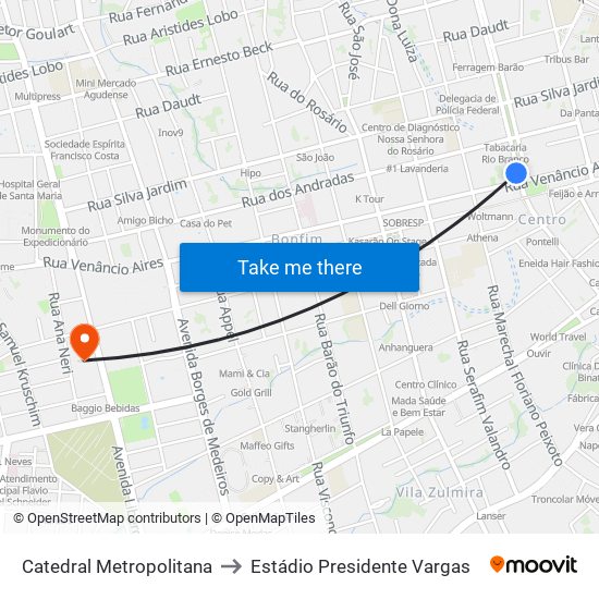 Catedral Metropolitana to Estádio Presidente Vargas map