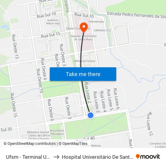 Ufsm - Terminal Urbano to Hospital Universitário De Santa Maria map