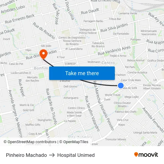 Pinheiro Machado to Hospital Unimed map