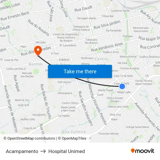 Acampamento to Hospital Unimed map