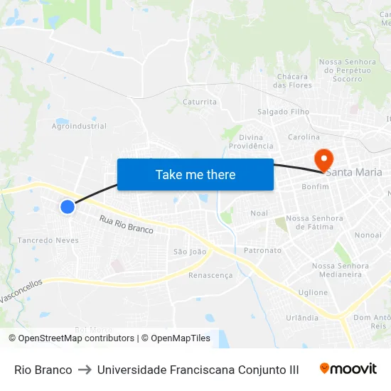 Rio Branco to Universidade Franciscana Conjunto III map