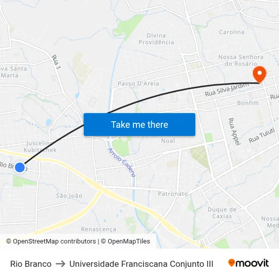 Rio Branco to Universidade Franciscana Conjunto III map