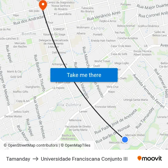 Tamanday to Universidade Franciscana Conjunto III map