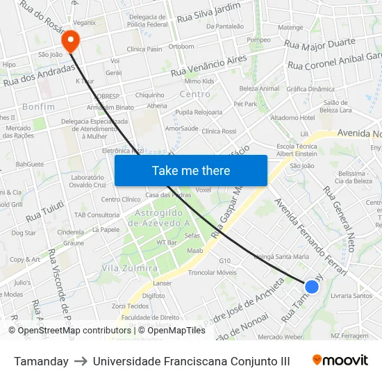 Tamanday to Universidade Franciscana Conjunto III map