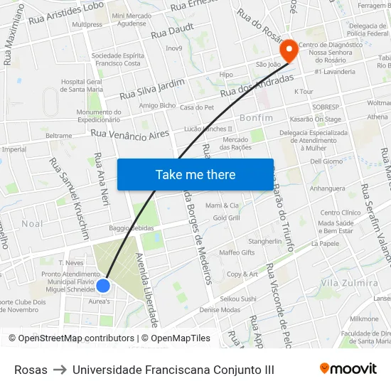 Rosas to Universidade Franciscana Conjunto III map