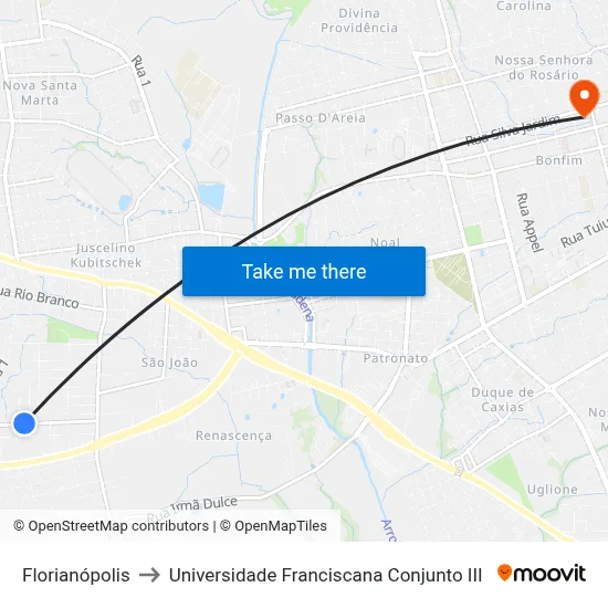 Florianópolis to Universidade Franciscana Conjunto III map