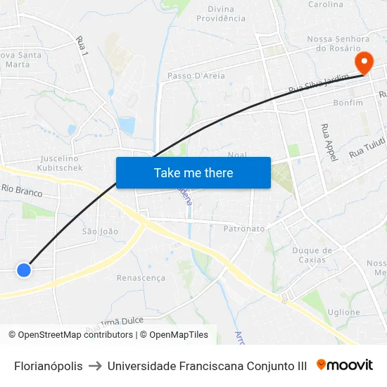 Florianópolis to Universidade Franciscana Conjunto III map
