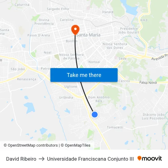 David Ribeiro to Universidade Franciscana Conjunto III map