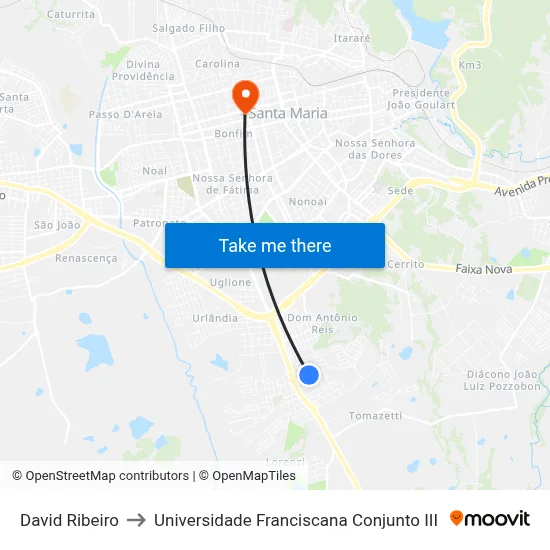 David Ribeiro to Universidade Franciscana Conjunto III map