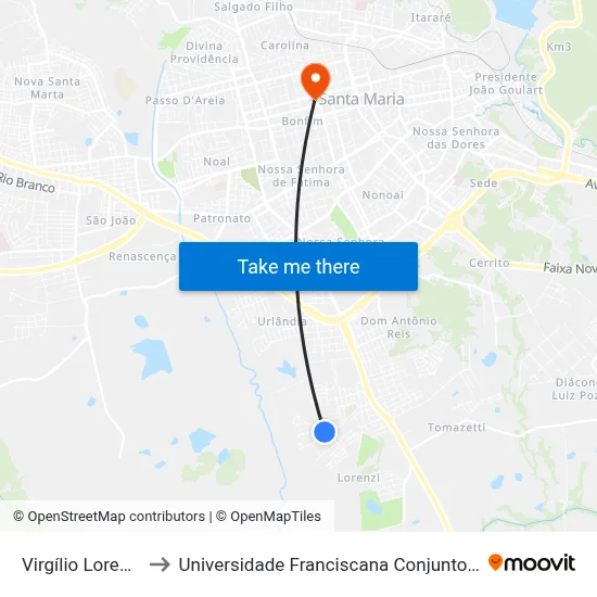 Virgílio Lorensi to Universidade Franciscana Conjunto III map