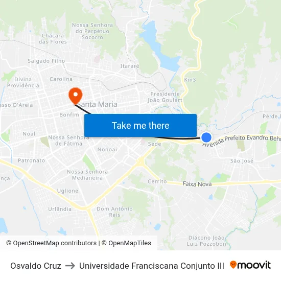 Osvaldo Cruz to Universidade Franciscana Conjunto III map