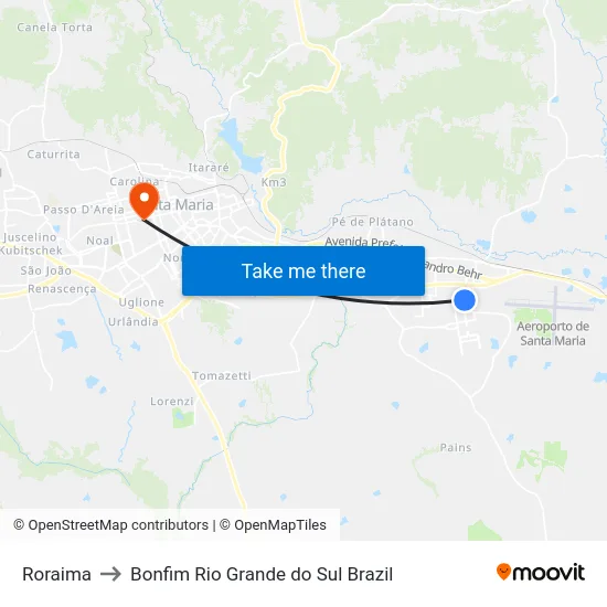 Roraima to Bonfim Rio Grande do Sul Brazil map