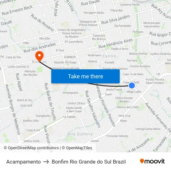 Acampamento to Bonfim Rio Grande do Sul Brazil map