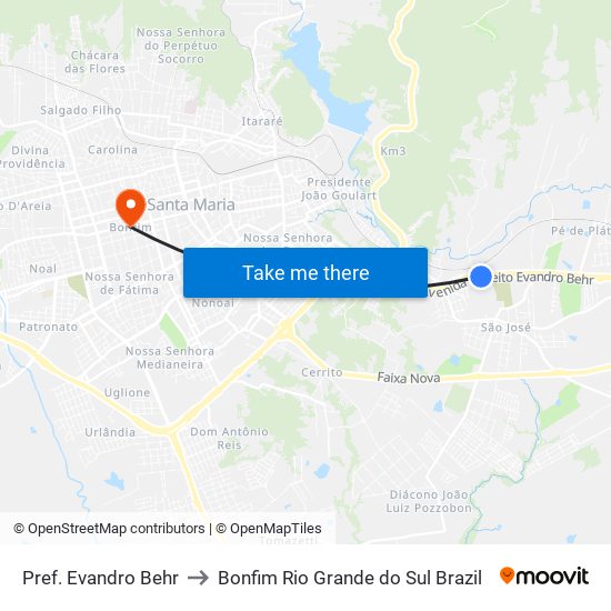 Pref. Evandro Behr to Bonfim Rio Grande do Sul Brazil map