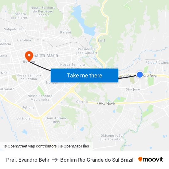 Pref. Evandro Behr to Bonfim Rio Grande do Sul Brazil map