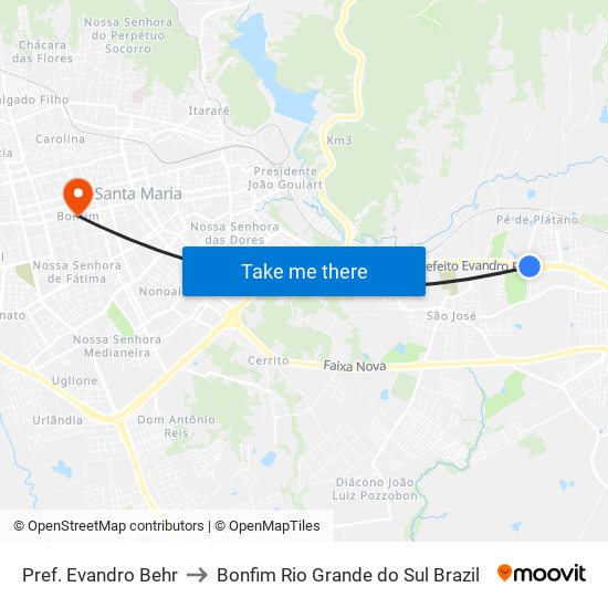 Pref. Evandro Behr to Bonfim Rio Grande do Sul Brazil map