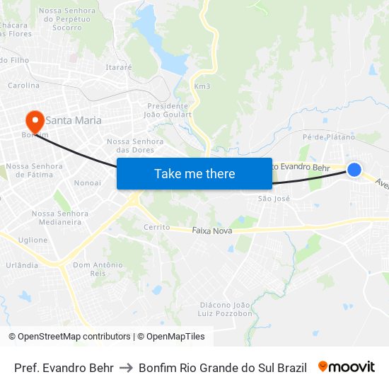 Pref. Evandro Behr to Bonfim Rio Grande do Sul Brazil map