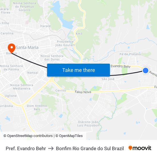 Pref. Evandro Behr to Bonfim Rio Grande do Sul Brazil map