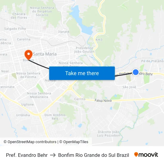 Pref. Evandro Behr to Bonfim Rio Grande do Sul Brazil map