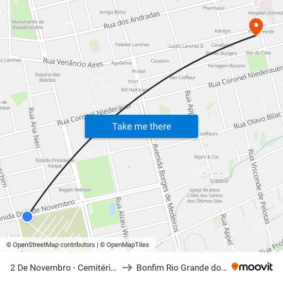 2 De Novembro - Cemitério Municipal to Bonfim Rio Grande do Sul Brazil map
