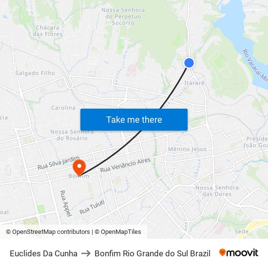 Euclides Da Cunha to Bonfim Rio Grande do Sul Brazil map