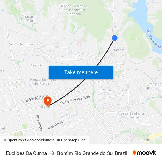 Euclídes Da Cunha to Bonfim Rio Grande do Sul Brazil map