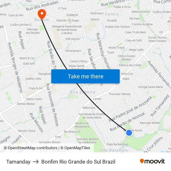 Tamanday to Bonfim Rio Grande do Sul Brazil map