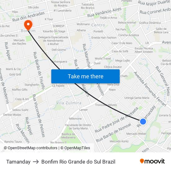 Tamanday to Bonfim Rio Grande do Sul Brazil map